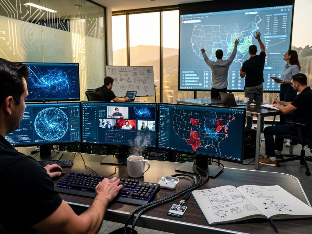 High-tech lab monitors display AI deepfake detection for 2026 midterms swing districts with data visualizations and heatmaps