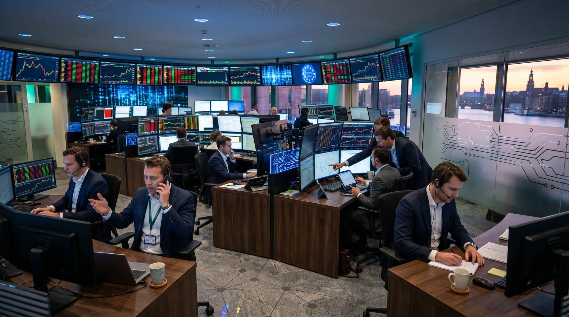 ABN AMRO crypto products dashboard on trading floor with BTC at $74,569, ETH charts, MiCA icons