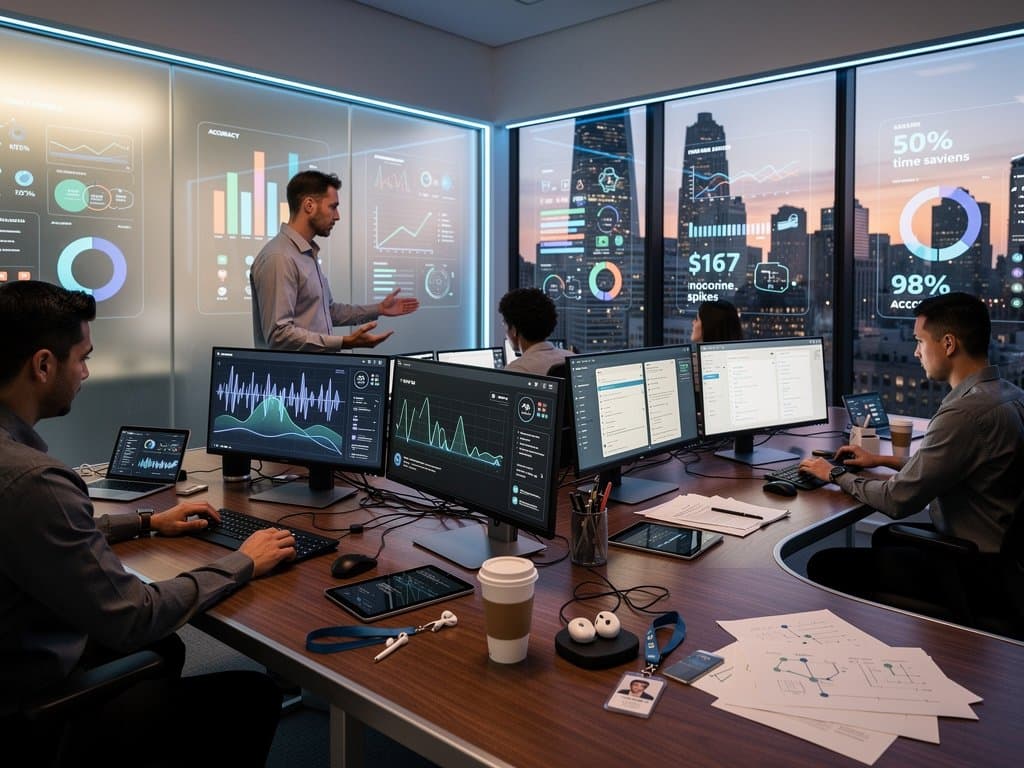 Healthtech engineers analyzing AI scribe models and productivity charts in modern startup lab with city view