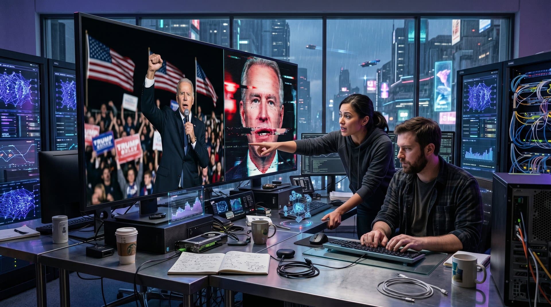Futuristic lab split-screen showing real politician vs AI deepfake with neural overlays, security graphs, and crypto charts