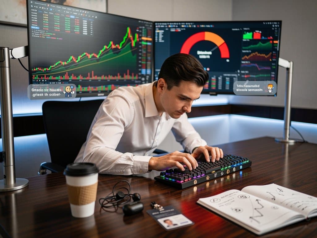 Modern trading desk showing crypto charts at Bitcoin $74,974, Fear & Greed 29, AI ELI5 interfaces in fintech office