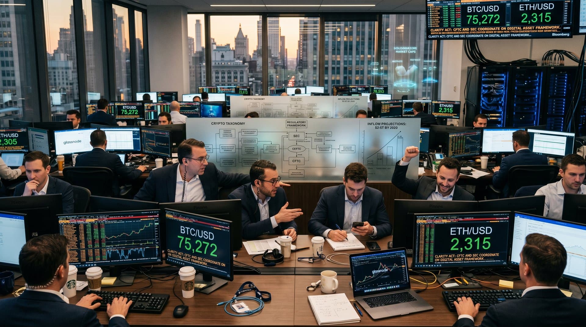Wall Street trading floor with Bloomberg terminals showing BTC at $75K and CLARITY Act charts amid data servers.
