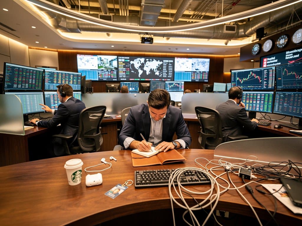 Trading floor monitors show BNB outperforming Bitcoin charts with Fear & Greed Index amid skyline view
