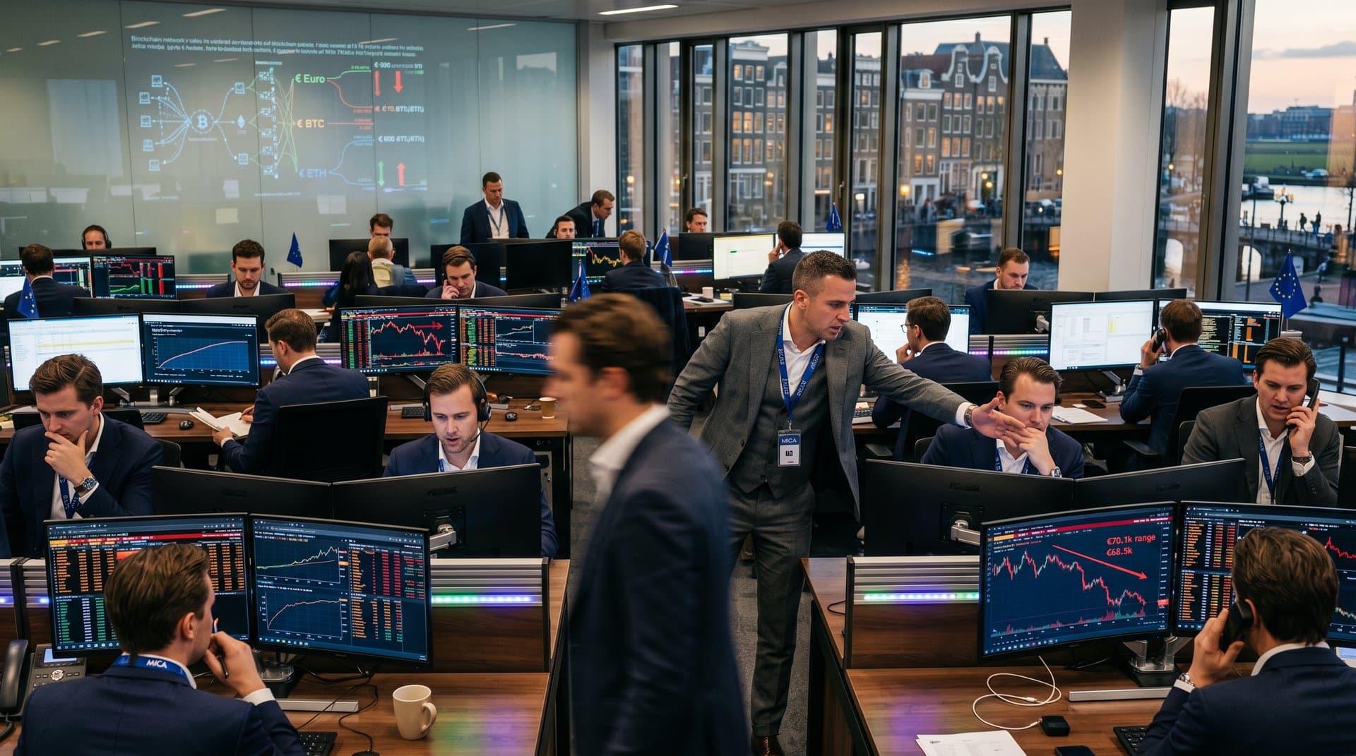 Abstract trading floor with monitors showing crypto prices, DeFi charts, and MiCA data in modern bank office