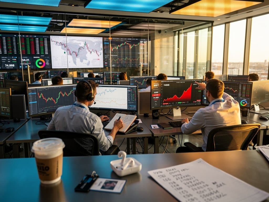 Trading floor with Bloomberg screens showing crypto prices, WBT stock, and Fear & Greed Index during market volatility