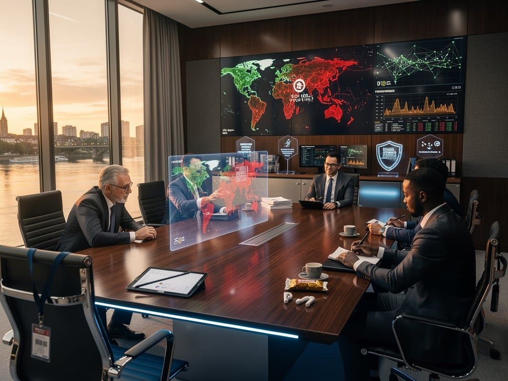 Financial boardroom screens show stablecoins regulatory risks, USDT peg charts, and crypto prices in high-tech Basel setting