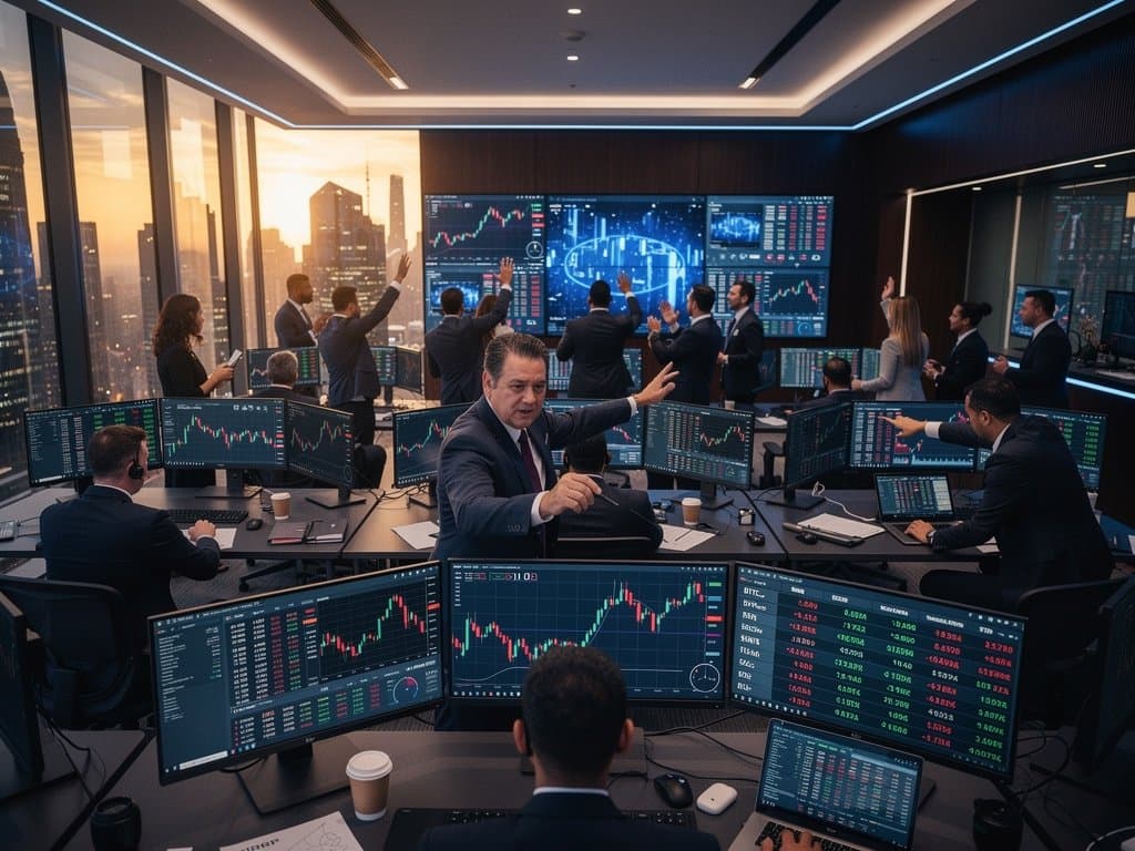 Crypto analysts on trading floor study XRP charts amid regulatory data and market comparisons