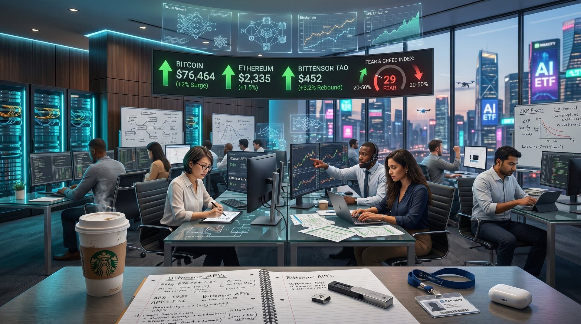 AI lab team huddling over crypto charts showing BTC $76K, Fear 29, and Bittensor TAO amid neural network visuals in high-tech server room