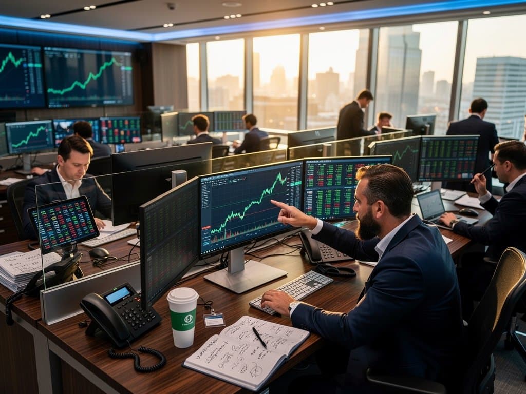 Traders monitoring crypto charts on Bloomberg terminals with BTC at $76K amid modern trading floor buzz