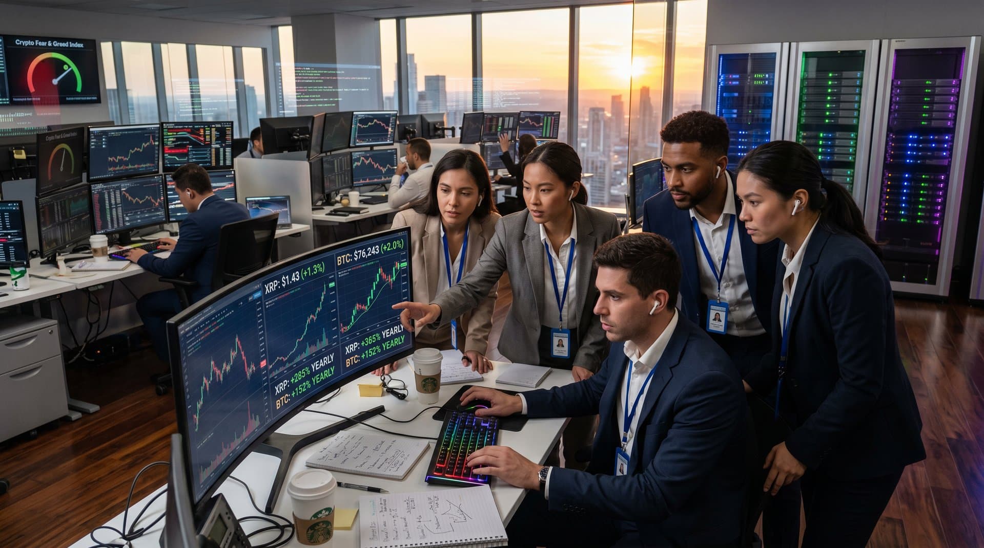 Trading floor monitors show XRP outperforming Bitcoin charts amid Fear & Greed Index at 29 in bustling finance environment