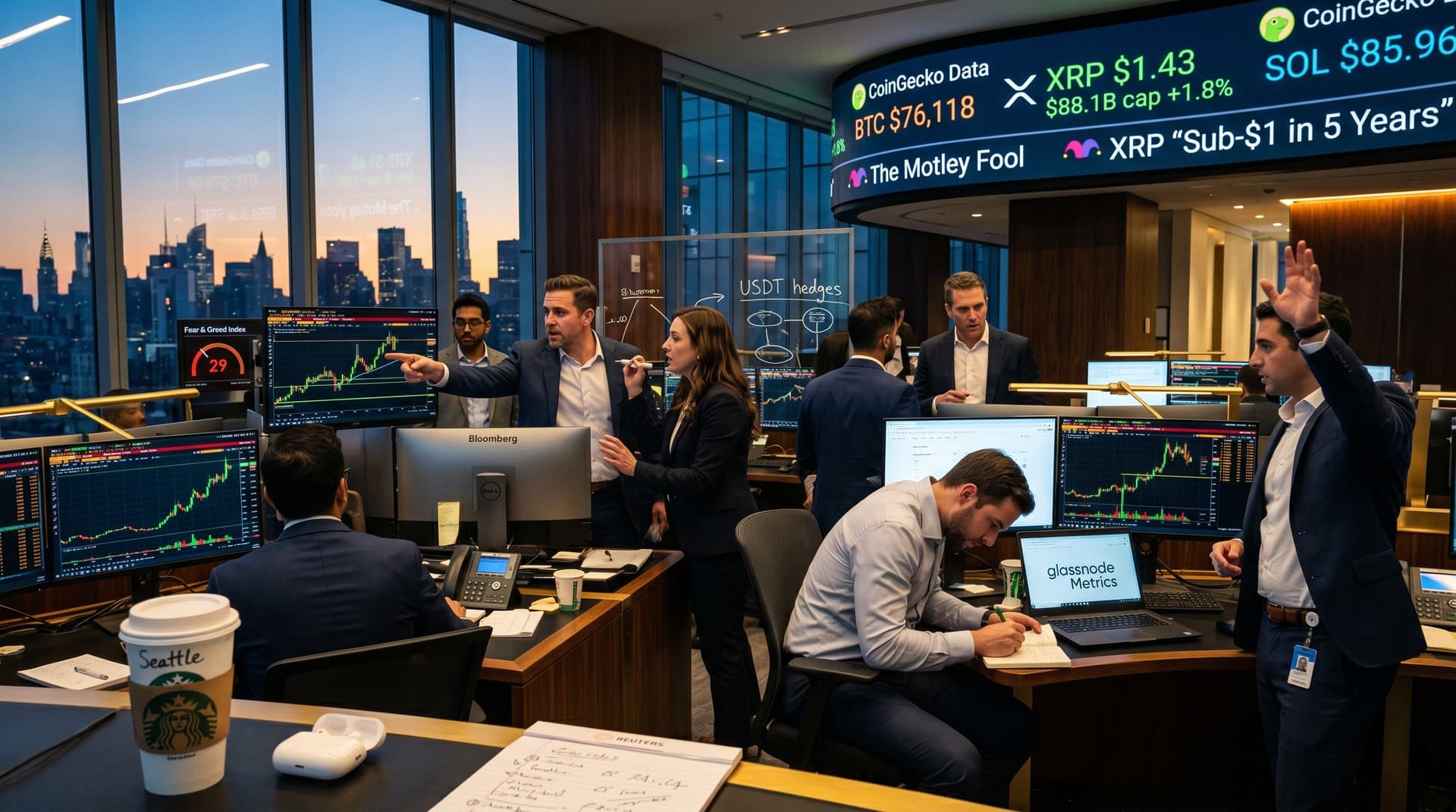 Analysts at trading desks study XRP price charts on multi-screen terminals amid live market data