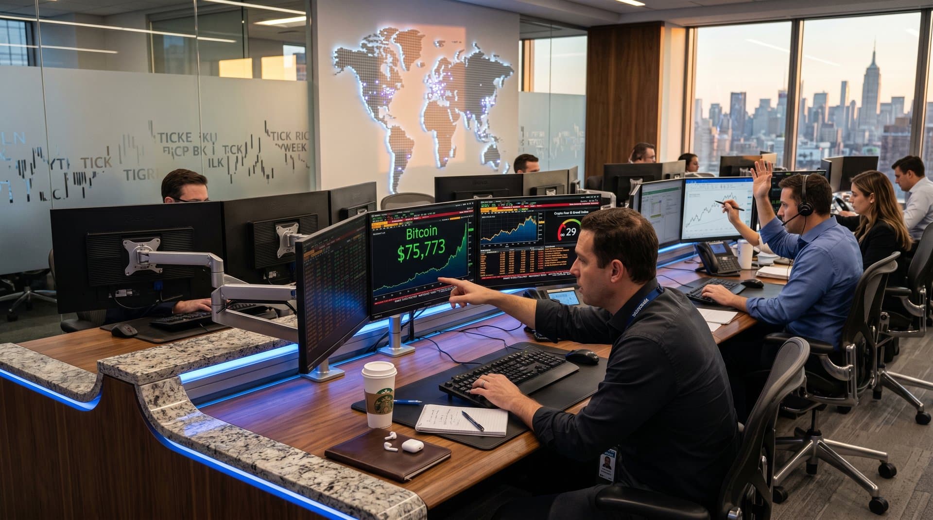 Trading desks with screens showing Bitcoin at $75,773, gold charts, Fear & Greed Index at 29, and market data in a high-tech environment
