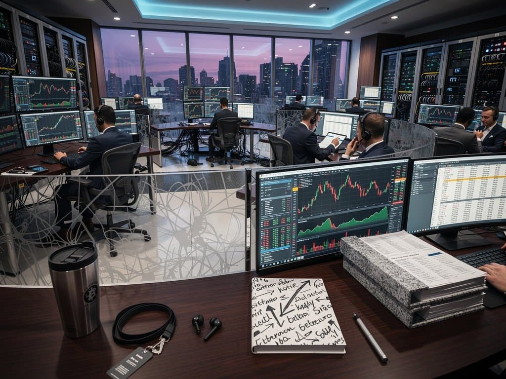 Abstract trading floor with monitors showing BTC at $75K, spot-derivatives charts, and 24/7 market data in a modern financial environment