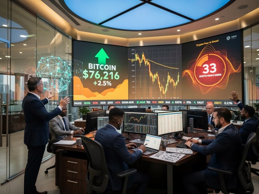 Futuristic trading floor screens displaying BTC at $76,216, rising gold charts, Fear & Greed Index at 33 amid blockchain holograms