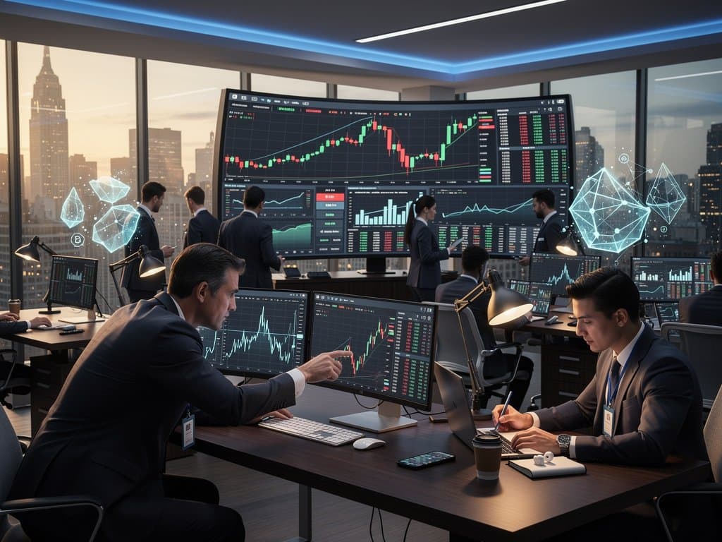 Traders analyze Bitcoin at $75,802 charts with Fear & Greed Index on modern finance floor amid team collaboration