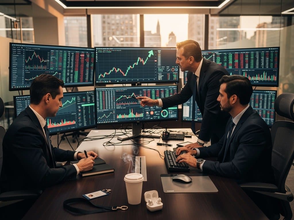 Trading screens show Bitcoin at $75,619, Fear & Greed 33, and crypto charts in secure finance environment