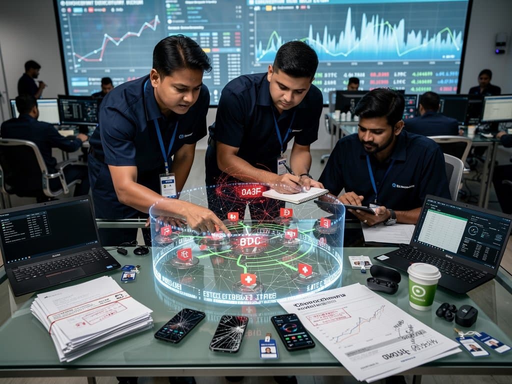 Investigators analyze crypto blockchain graphs and BTC charts in a high-tech Bengaluru forensics room