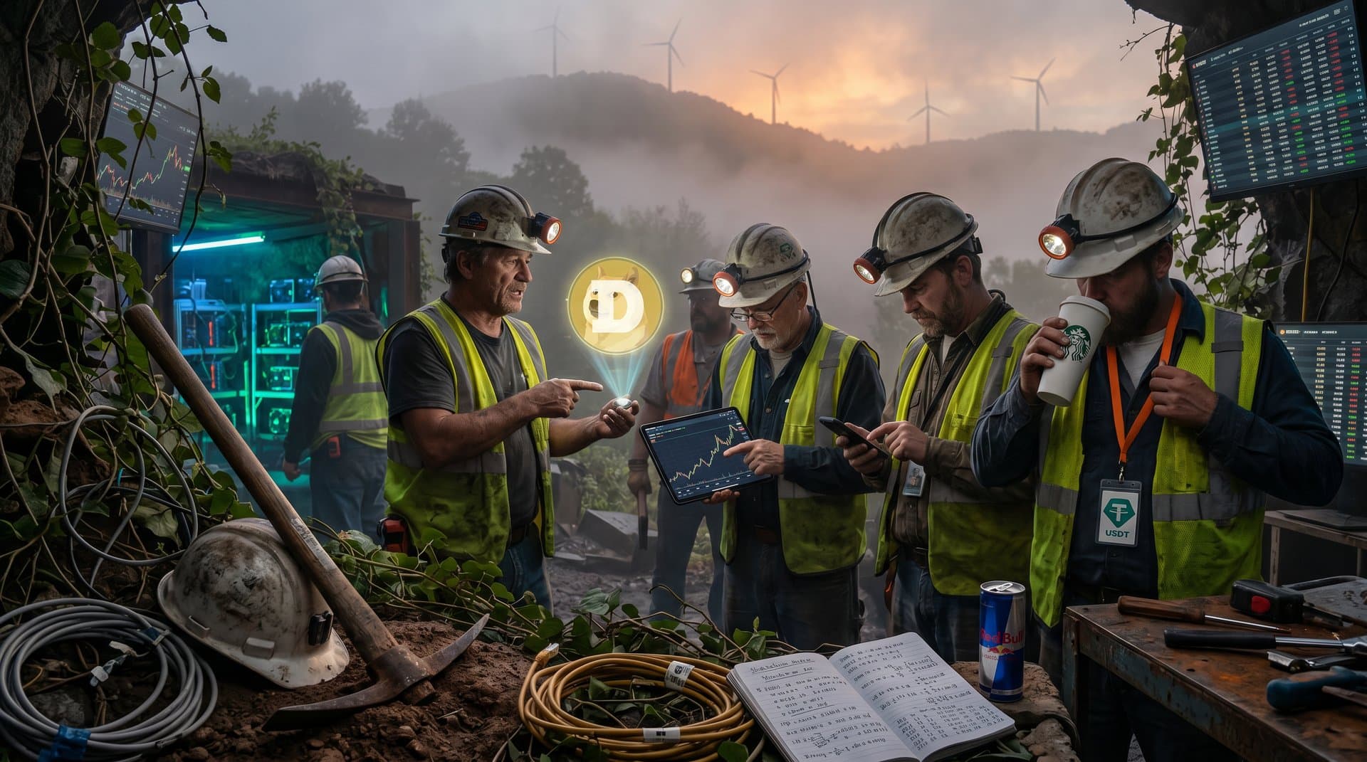 West Virginia coal mine with holographic Dogecoin and BTC charts overlay in misty mountains