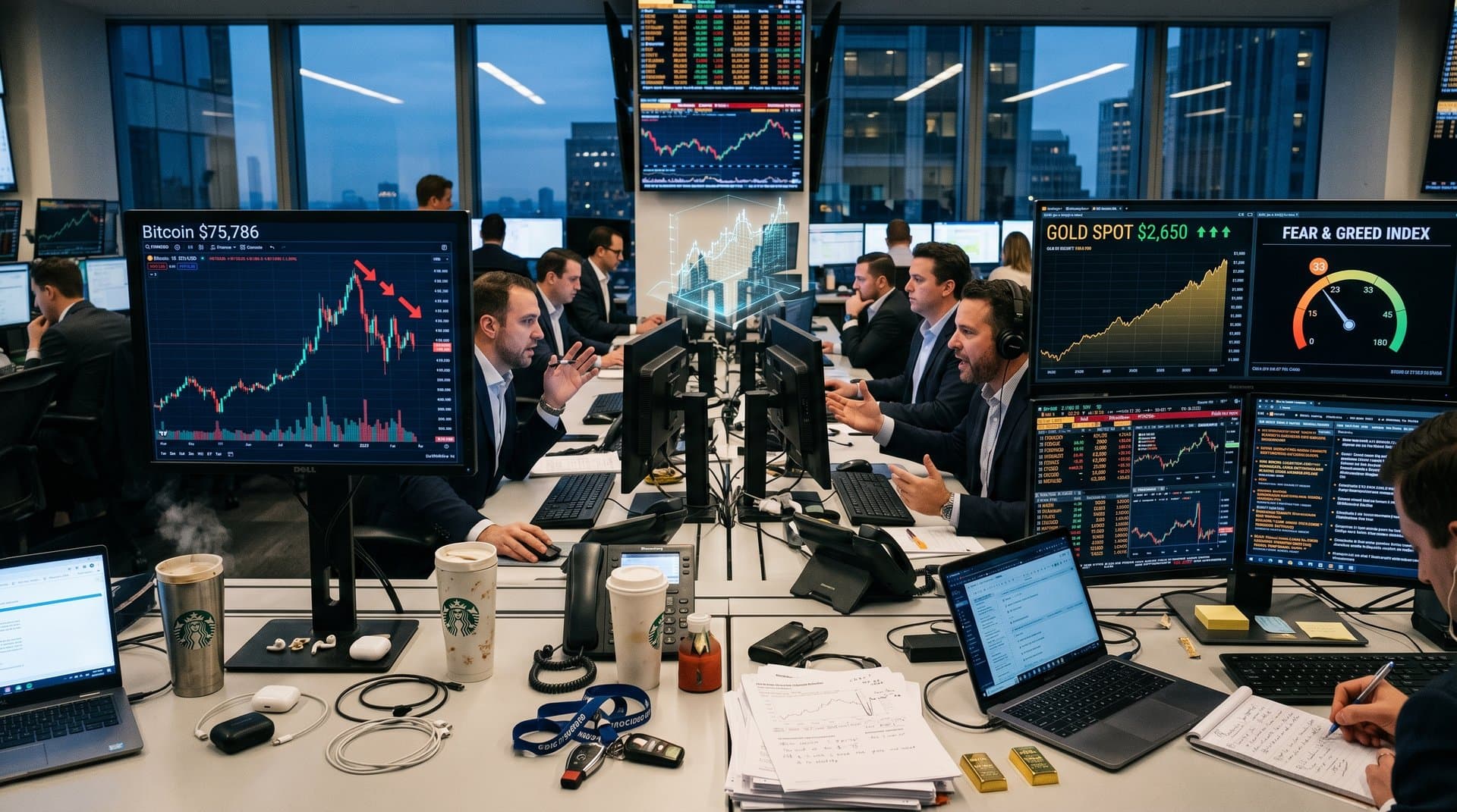 Trading terminals display Bitcoin at $75K, gold charts, Fear & Greed Index at 33 on busy market floor with live price boards