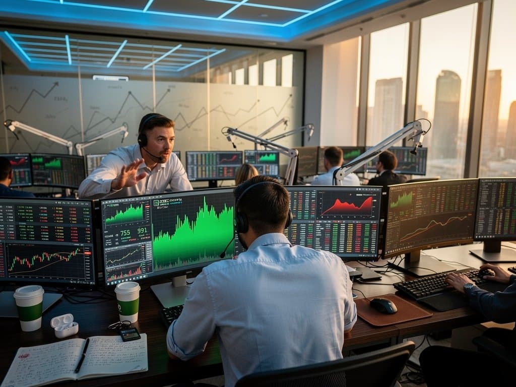 Trading monitors display Bitcoin at $75,911 and Fear & Greed Index at 33 on modern finance desk setup
