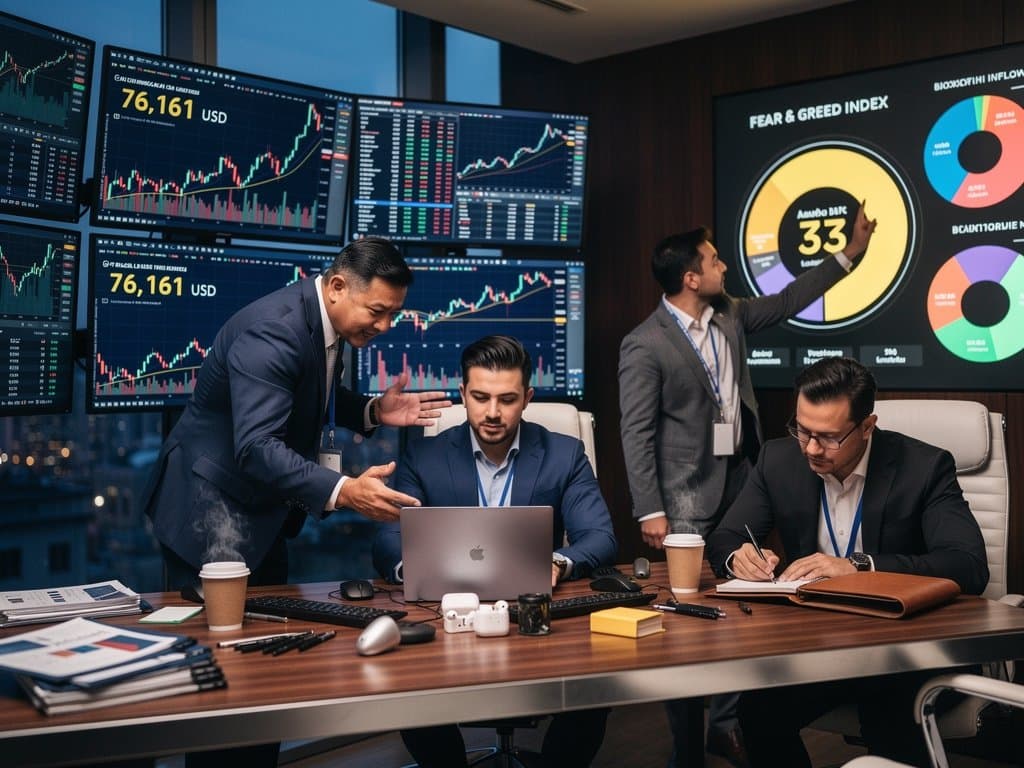 Trading floor screens show Bitcoin at $76,161, MicroStrategy buys, and market metrics in professional office setting