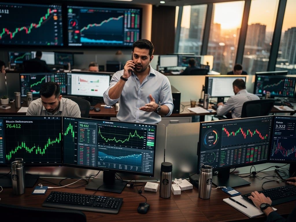 Trading terminals show Bitcoin at $76,412, Fear & Greed at 33, and crypto market charts on a modern finance floor