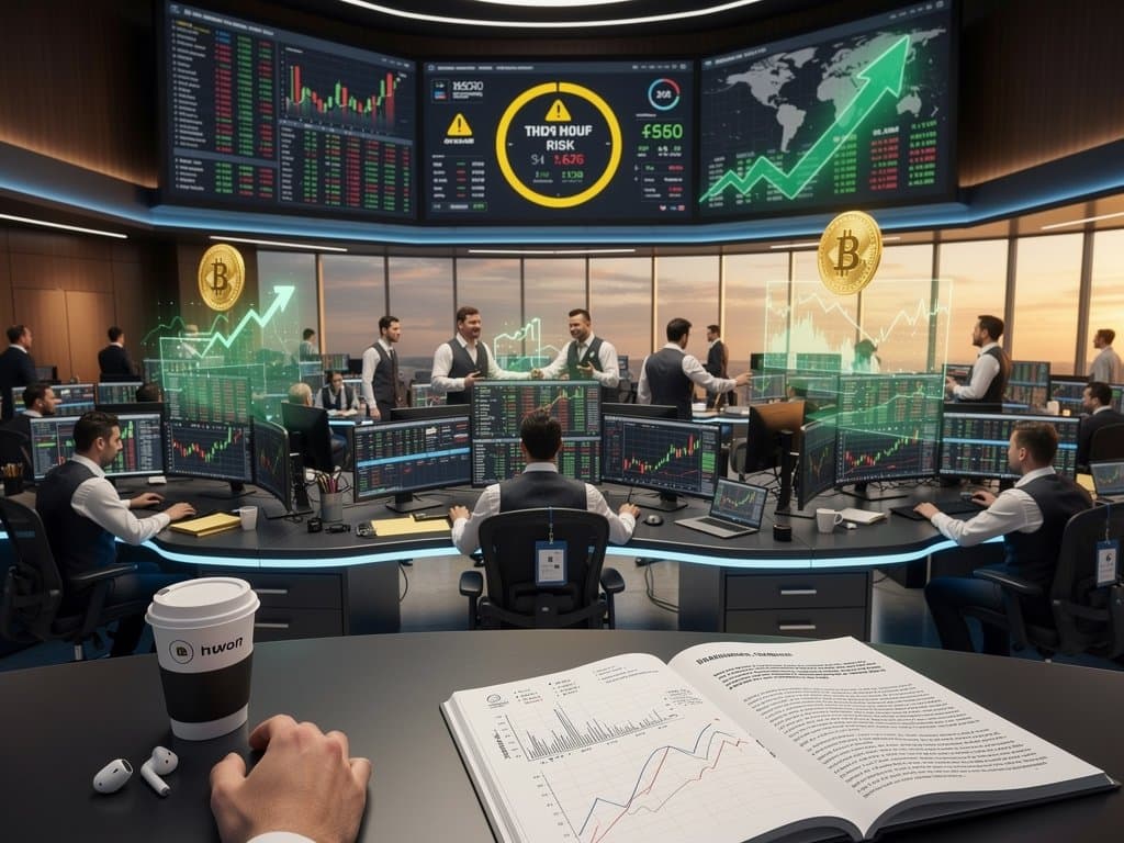 Trading floor screens showing BTC at $76K, MarketBeat cryptocurrency stocks, Fear & Greed at 33, and finance momentum charts