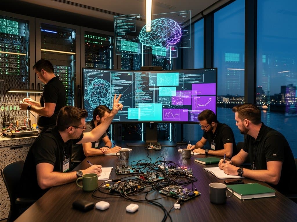 Futuristic AI lab with neural network holograms, GPU racks, and Thames skyline view