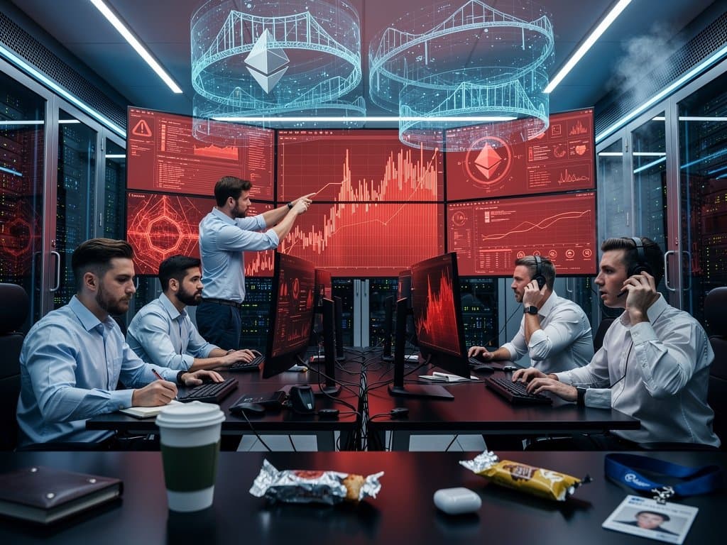 Cybersecurity team monitors blockchain alerts in high-tech data center with server racks and network maps