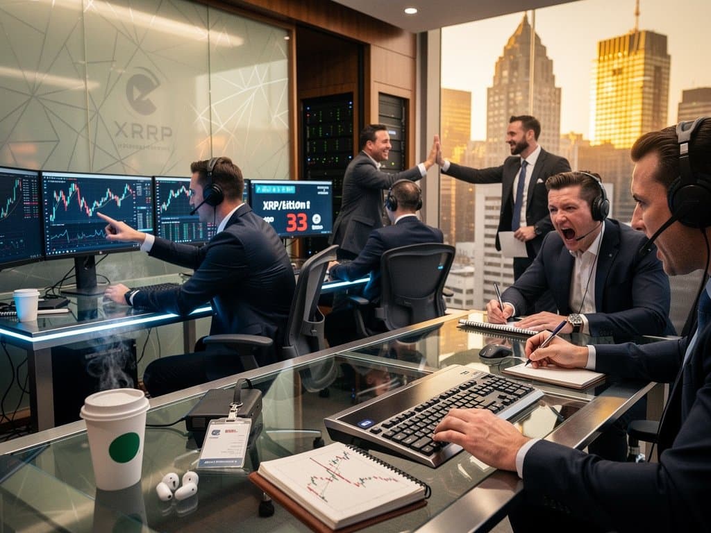 Trading floor screens show XRP outperforming Bitcoin charts with Fear & Greed at 33 in active finance environment