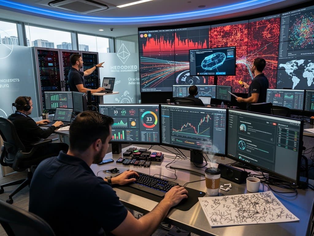 Cybersecurity team monitors blockchain threats, phishing heatmaps, and BTC price in high-tech ops center