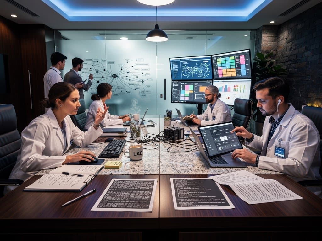 Futuristic lab with AI neural networks, healthcare data visualizations on monitors, server racks glowing blue amid city skyline through glass walls