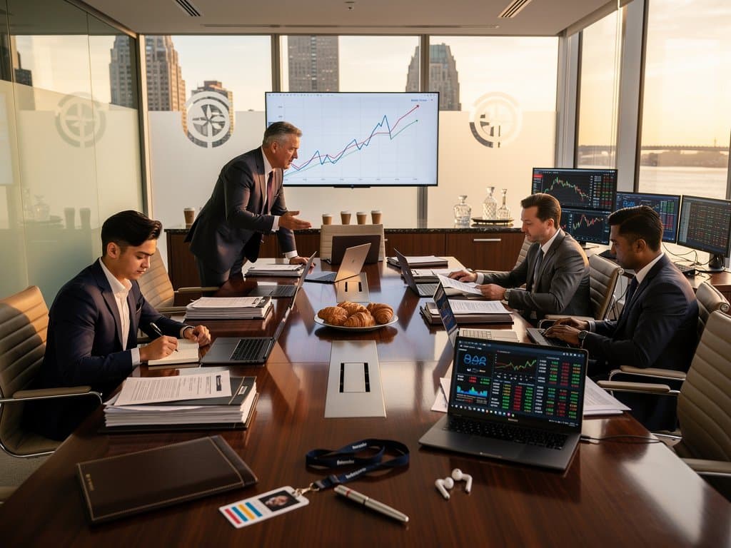 Executive conference room with blockchain charts, SEC documents, and NYC skyline view symbolizing FLOW class action probe